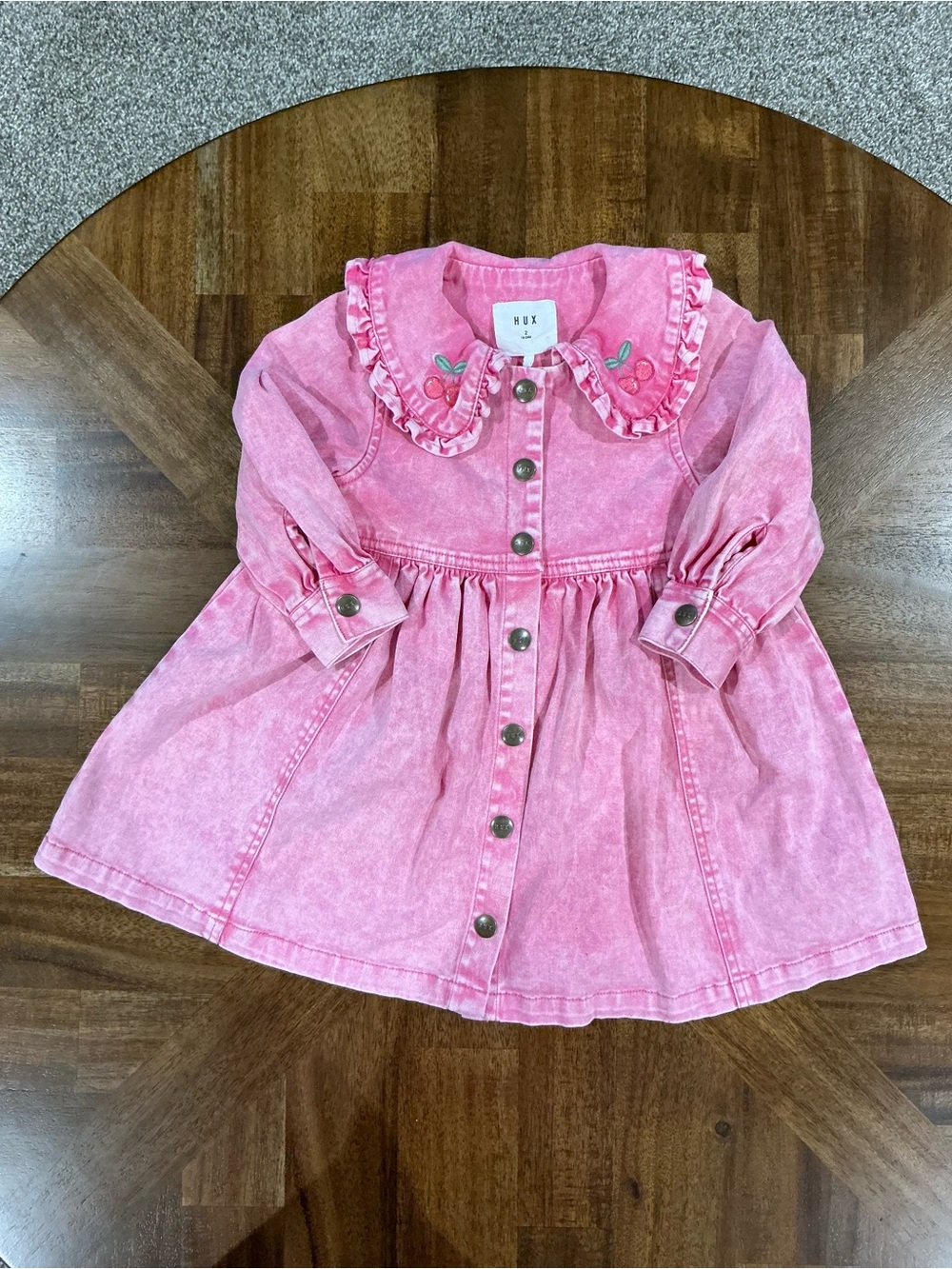 Huxbaby Size 4 Pink Cherry Ruffled Collar Button-Front Jean Dress